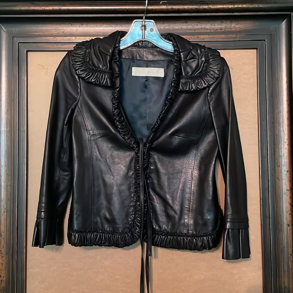 Vintage Valentino black leather crop jacket with rouched trim